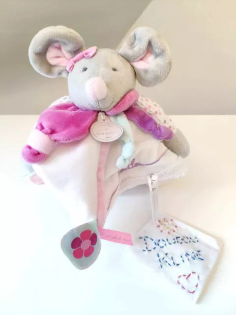 Doudou Plat/Mouchoir Souris Gris Blanc Rose - Doudou Et Compagnie Paris