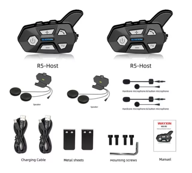 WAYXIN R5 2 Voies Double Pack Intercom Moto Duo pour 2 Casques1000m Kit Main ...