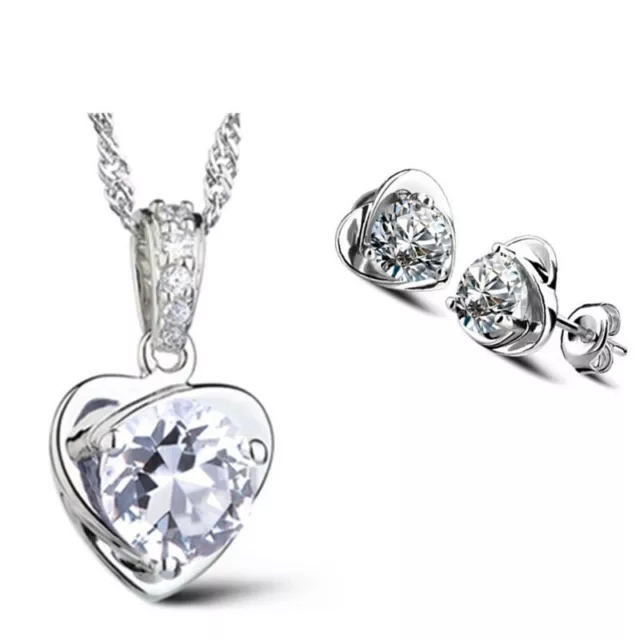 925 Sterling Silver Heart Stud Earrings Chain Necklace Pendant Womens Jewellery