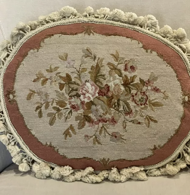 Oval Petite Point Needlepoint Pillow Cushion Cabbage Roses Tassel Trim