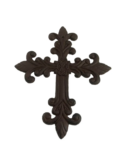 Heavy Cast Iron Metal Cross Ornate Wall Hanging Textured Rusted Distressed 10"