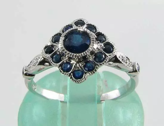 9K 9Ct  White Gold Blue Sapphire Diamond Art Deco Ins Cluster Ring Free Resize