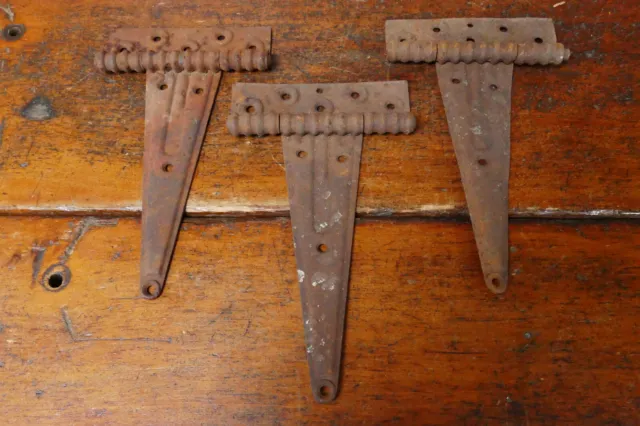 3) Antique Vintage Barn Door Shed Cabin Strap T Salvaged Hinges Rusty Patina 12”