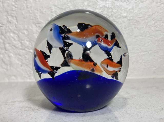 Art Glass Tropical Aquarium Round Paperweight 3” Orange White Clown Fish Blue