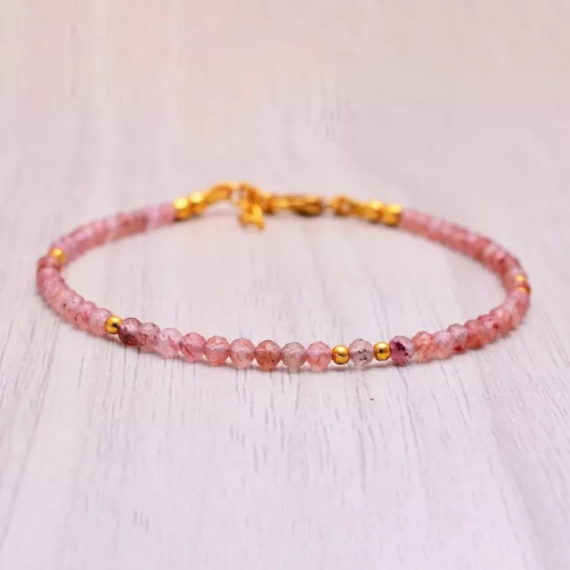 Pink Strawberry Quartz Faceted Round 2MM Gemstone Beaded Handmade Bracelet 6-8"