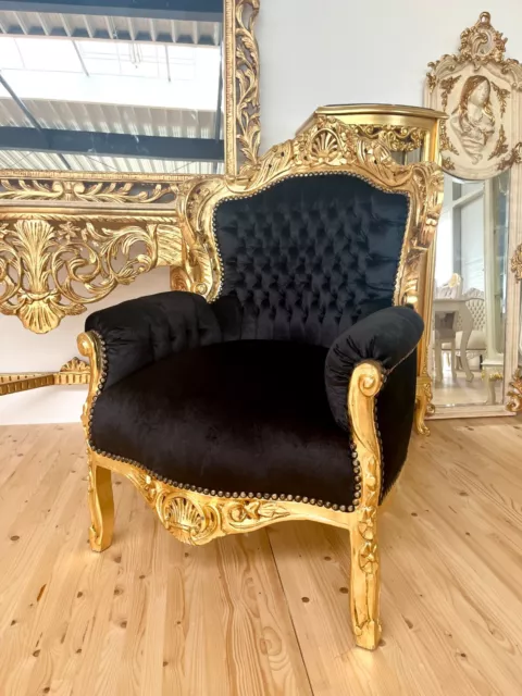 Armchair  Velvet Black  Italian Baroque Antique Style  in Gold Finish Sofa Chair