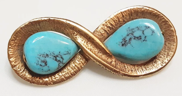 Broche Vintage Collector Argentée Avec Cabochon Turquoise - Bijou Ancien Fantaisie Pour Femme