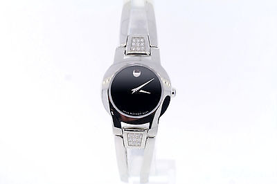 Ladies Movado 0604982 AMOROSA Diamond Stainless Steel Black Dial Bangle Watch