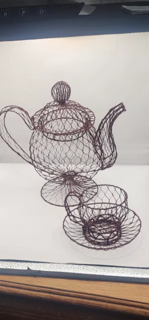 Chicken Wire Mesh Art Teapot, Tea Cup, & Saucer 3 Pc Set Farmhouse Country Decor