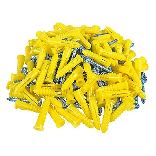 HangDone Ribbed Wall Anchors #4-#6 7/8-Inch with Screws 100-Pack Yellow