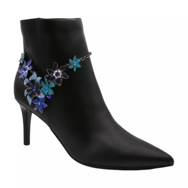 Women Metal Chain Bling Boot Bracelet Anklet Shoe Dark Blue Flower Charm Jewelry