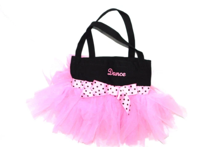 DANCE Tote Bag Black Pink TuTu Ruffle Girls Ballerina Ballet Embroidered Handles