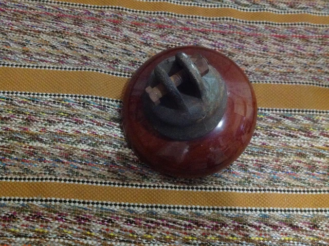 Large Vintage Brown Porcelain High Voltage Power Line Insulator Heavy Cast Iron