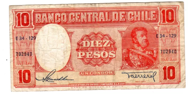 CHILE Billet 10 Pesos ND 1958 P120  M. BULNES  MEDIO CONDOR BON ETAT