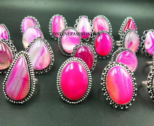 Pink Botswana Agate Gemstone 925 Silver Plated 10 PCs Designer Ring Lot For HER 2