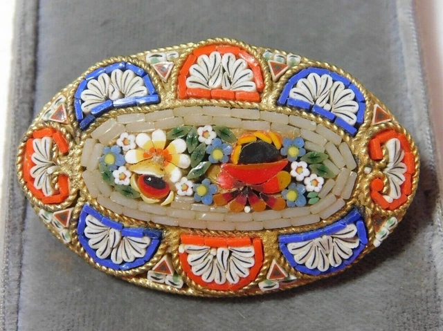 Broche Vintage Italienne Micro Mosaïque – Argenté Avec Fleurs Forget-Me-Not – Style Oubli