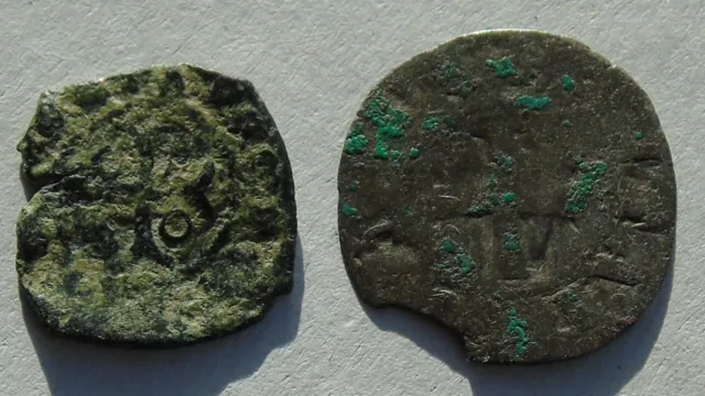 Unidentified Medieval Bronze Coin & Silver Denier, worn, 2 in lot 2