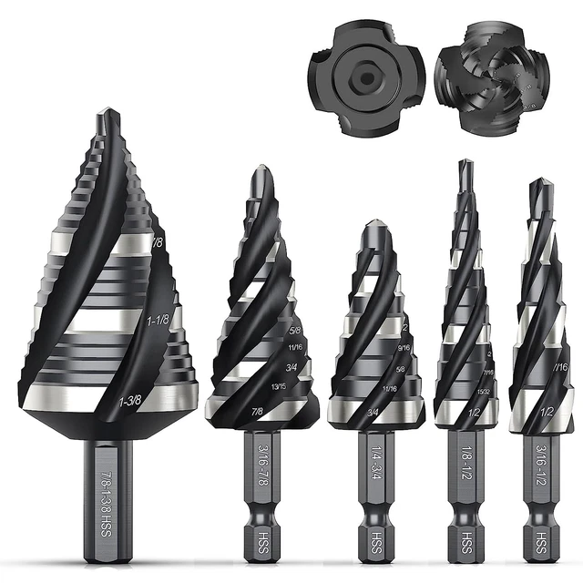 Four Spiral Flute Step Drill Bit Set, 5 Pcs HSS Step Drill Bits (1/8"-1-3/8") Un