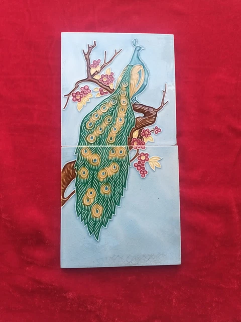 1 Piece Set  Peacock Design Old Art Deco Majolica Ceramic Tiles Japan 0317 2