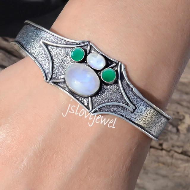 Bracelet Manchette En Argent Sterling 925 - Onyx Vert Et Pierre De Lune Péridot - Fait Main, Réglable