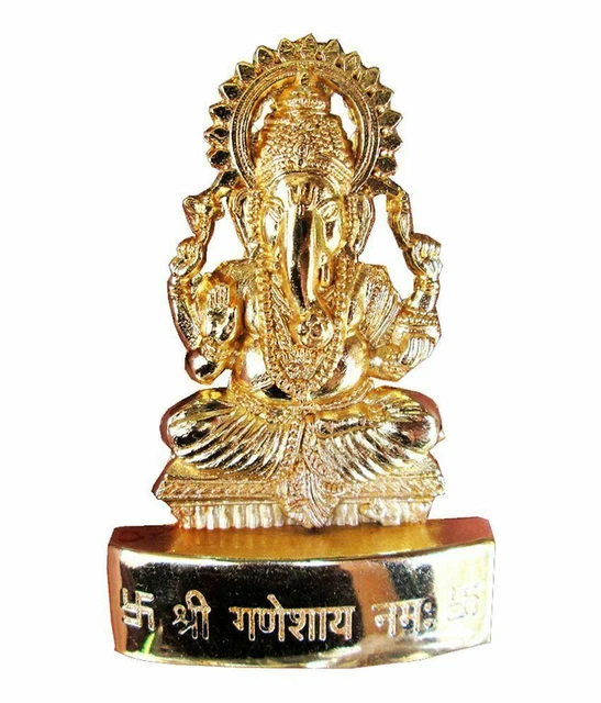 LORD GANESH GANESHA Idol Maharaaj Hindu God Golden Metal Statue Car