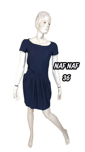 Robe Naf Naf Taille 34 En Coton Gris Et Blanc - Longueur 80 Cm, Coupe évasée, Occasion Très Bon état