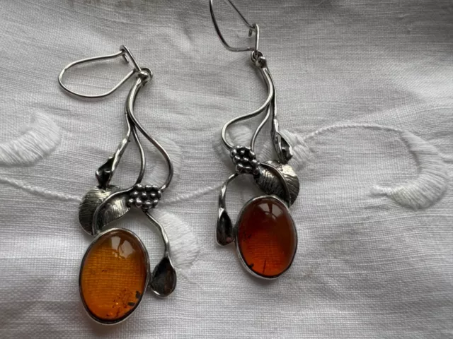 Beautiful silver and amber art nouveau style drop earrings