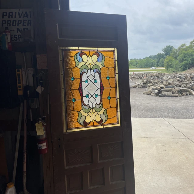 AN 680 Antique fan carved stained glass door 31.75 for 83.25 x 1.25