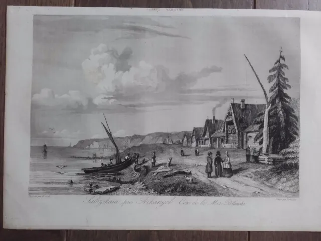 Grabado marino 1840 SALOZSKAIA ARKANGEL ARKHANGELSK CERCA DEL MAR BLANCO RUSIA