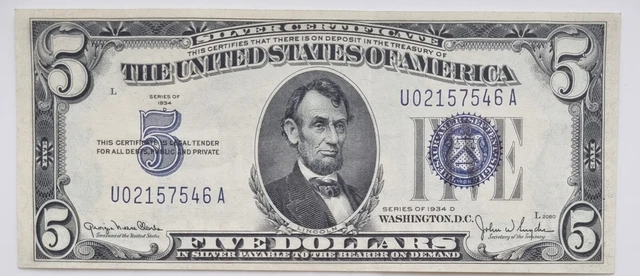 1934 D Five Dollar Silver Certificate Blue Seal Note $5 Bill Higher Grade #65510