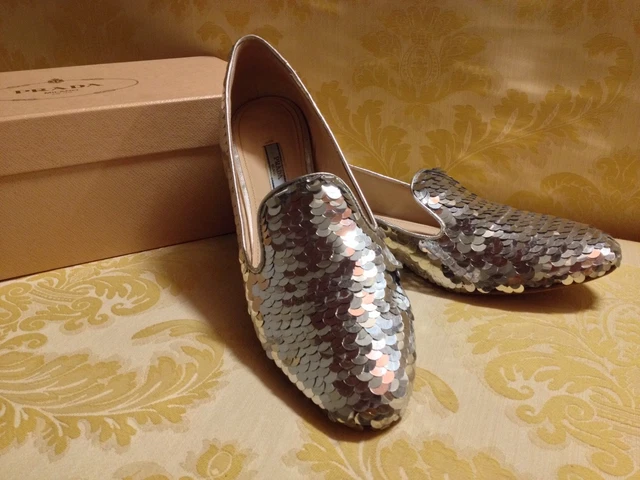 STUPENDE SCARPE DONNA PRADA In Paillettes Argento N. 38 Con