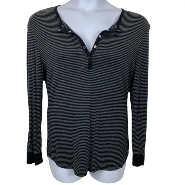 DKNY Size Large Henley Top Striped Gray Black Snap Neckline Long Sleeved Womens