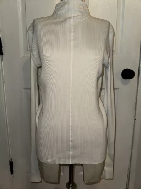 HELMUT LANG Women’s High Neck Ribbed Top White Long Sleeve Size M NWOT