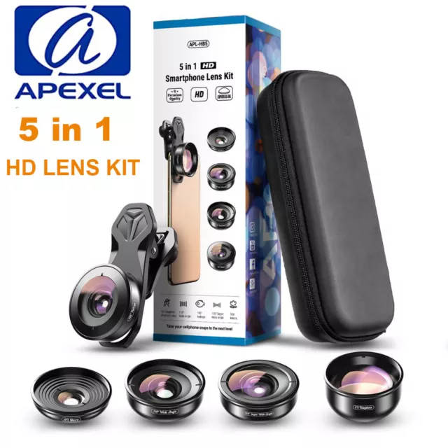 APEXEL 5 in 1 Camera Lens Kit 4k HD Wide Macro Telescope Fisheye Lens For Iphone