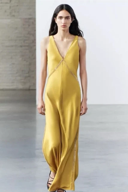 Mustard Dress Zara ZARA SATIN BEADED Slip Dress Yellow Mustard