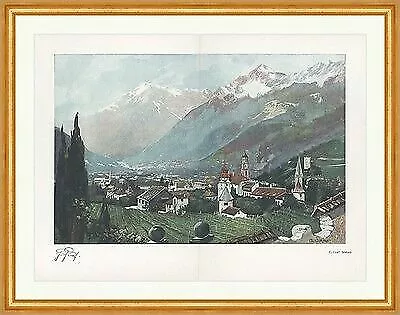 Meran G. Graf Südtirol Gebirge Stadt Kirche Italien coloriert Holzstich C 1253