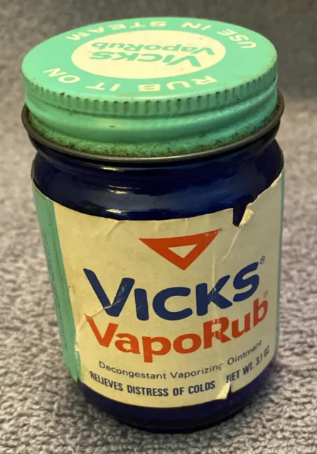 Vintage Vicks VapoRub Cobalt Blue Glass Jar Green/White Metal Lid 3.1 oz