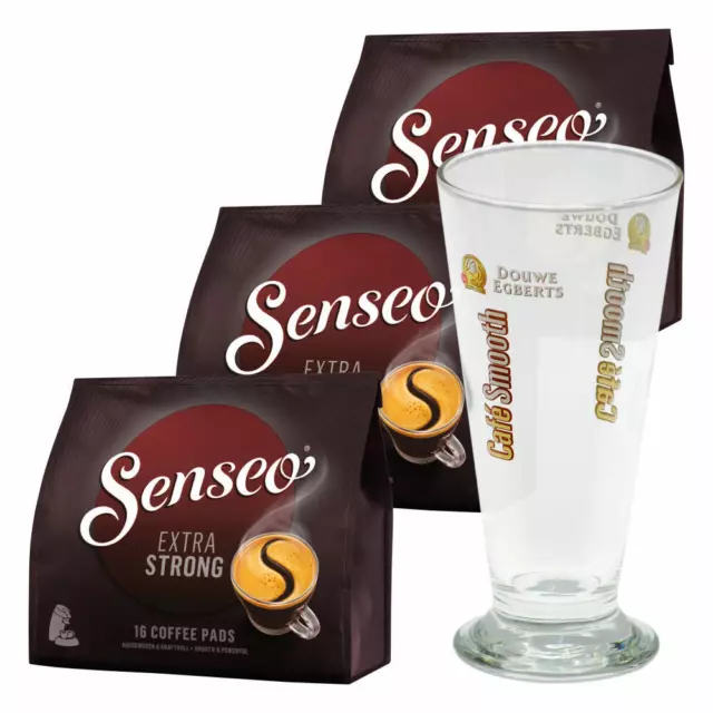 SENSEO Extra Strong Kaffee Geschenkset 3 x 16 PADS KAFFEEPADS + Café Smooth Glas