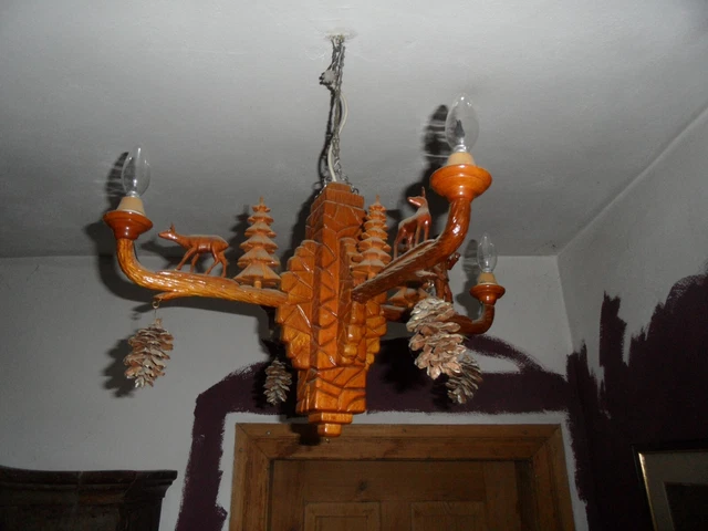 Erzgebirge Lampe Leuchter Deckenlampe Jagd handgeschnitzt Holz Unikat