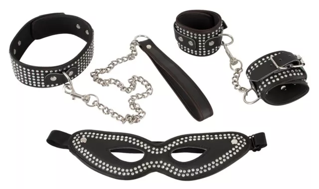 Set Bondage Manette Collare Guinzaglio Mascherina Nero con Strass 4 Pezzi