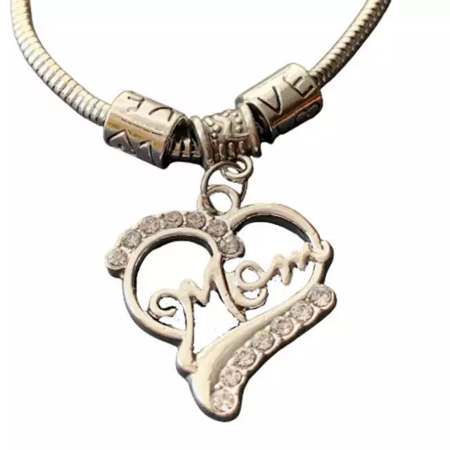 Mom Heart Silver Charm Bracelet Rhinestone Mothers Day Gift Birthday Jewelry NEW