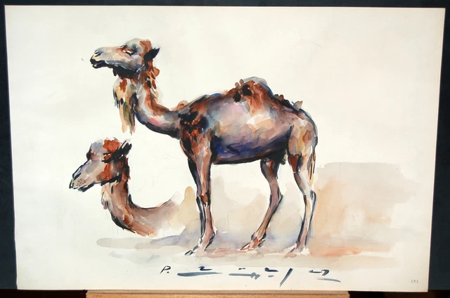 Carlos Becquer Dominguez (Barcelona, 1889-1968) Acuarela Papel.camellos