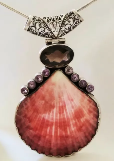 LARGE Pink Speckled Scallop SHELL AMETHYST SMOKEY TOPAZ Sterling ANGEL PENDANT