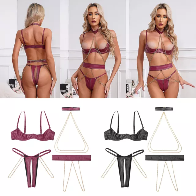 Womens 4-Piece Cupless Thong Suit Backless Lingerie Set Babydoll Metal Chains