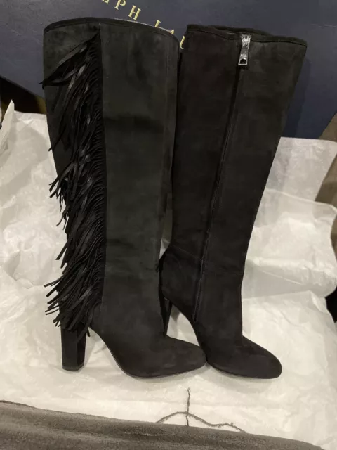 Ralph Lauren Vanida Women's Luxury Suede Knee- High Fringe Boots, Sz 6B