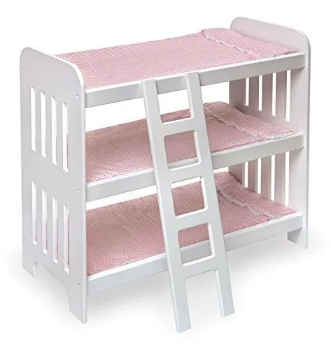 Toy Doll Triple Doll Bunk Bed with Ladder, Bedding, and Personalization Kit