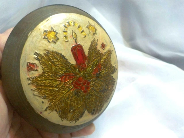 Vintage Solid Brass Trinket Box with Lid Hand Painted Enameled Candle Gold & Red