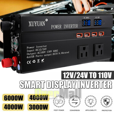 6000W Power Inverter Pure Sine Wave LCD display DC to AC USB Car Transformer