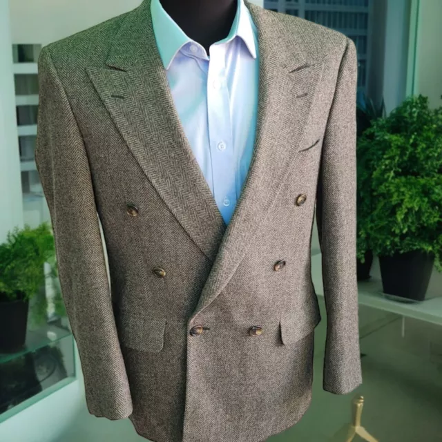 Vtg Burberry Double Breasted Peak Lapel Tweed Blazer 40R Herringbone Burberry's