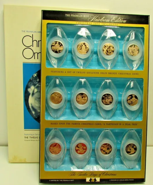 Franklin Mint 12 Days of Christmas Ornaments-Bronze Coins in Clear Lucite 1970